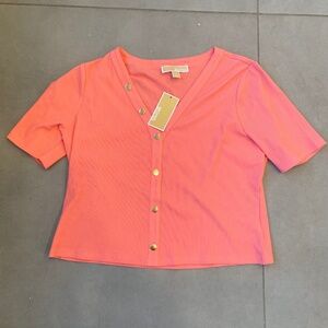 $225 Michael Kors Cardigan Shirt Gold Signature Embossed Buttons Size L Women’s